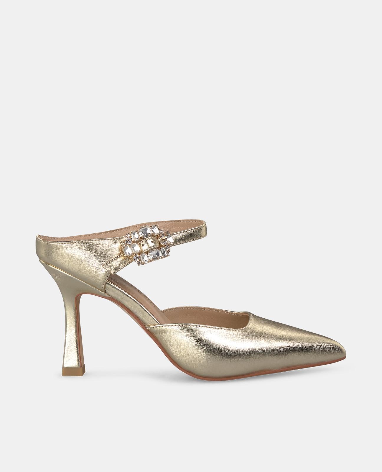 Sapatos de Salto com Fecho de Fivela e Biqueira Afiada Ouro-1