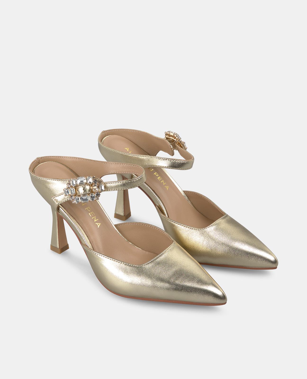 Sapatos de Salto com Fecho de Fivela e Biqueira Afiada Ouro-2