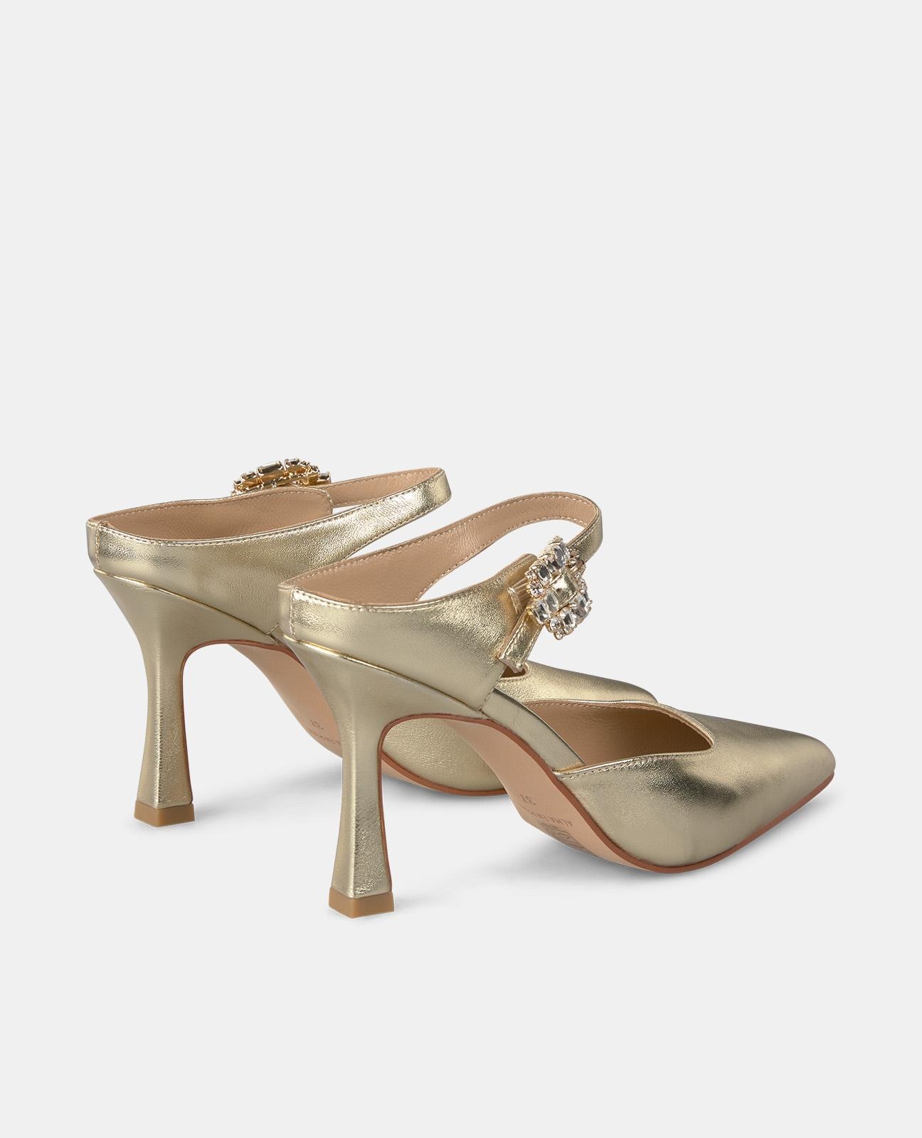 Sapatos de Salto com Fecho de Fivela e Biqueira Afiada Ouro-3