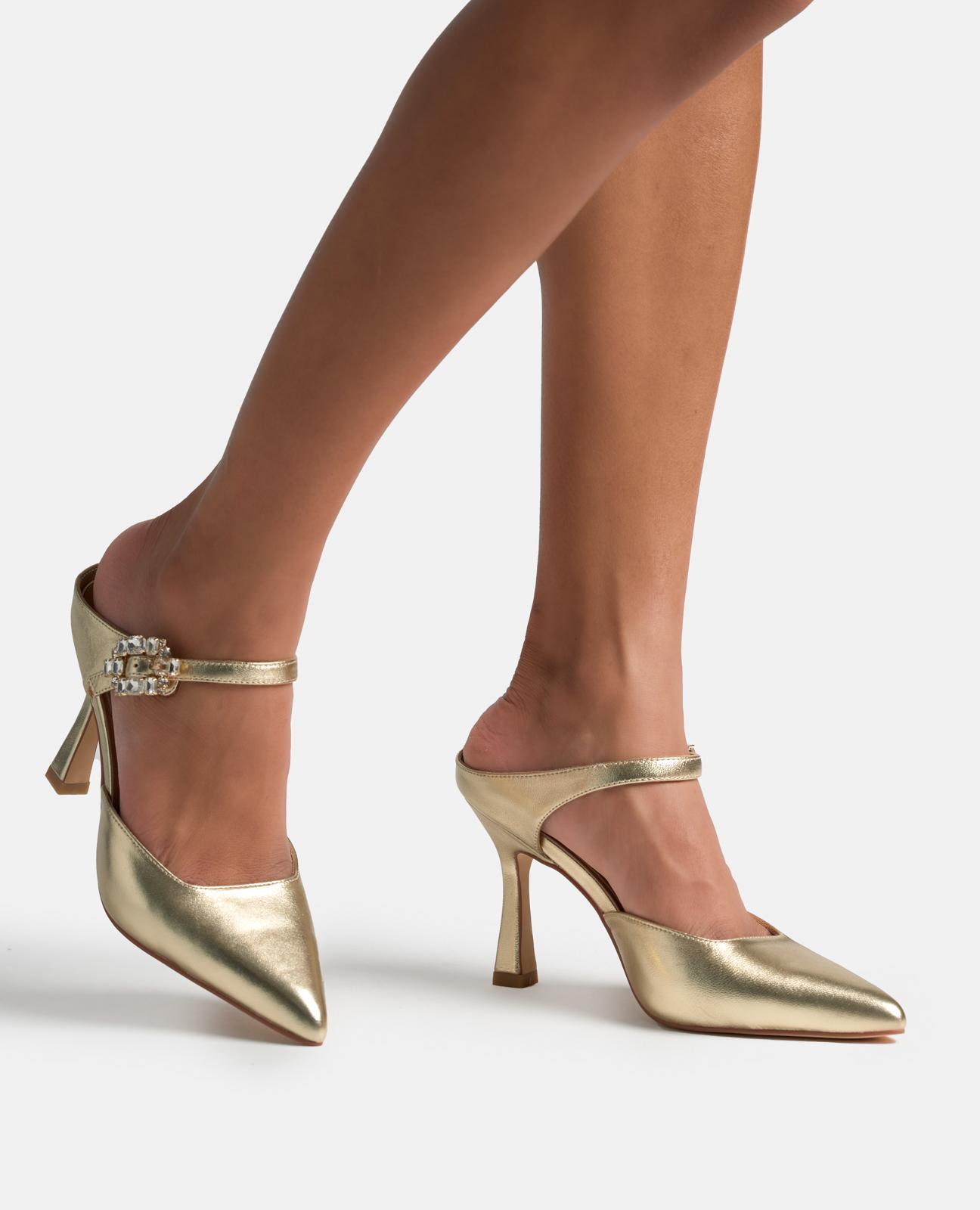 Sapatos de Salto com Fecho de Fivela e Biqueira Afiada Ouro-4