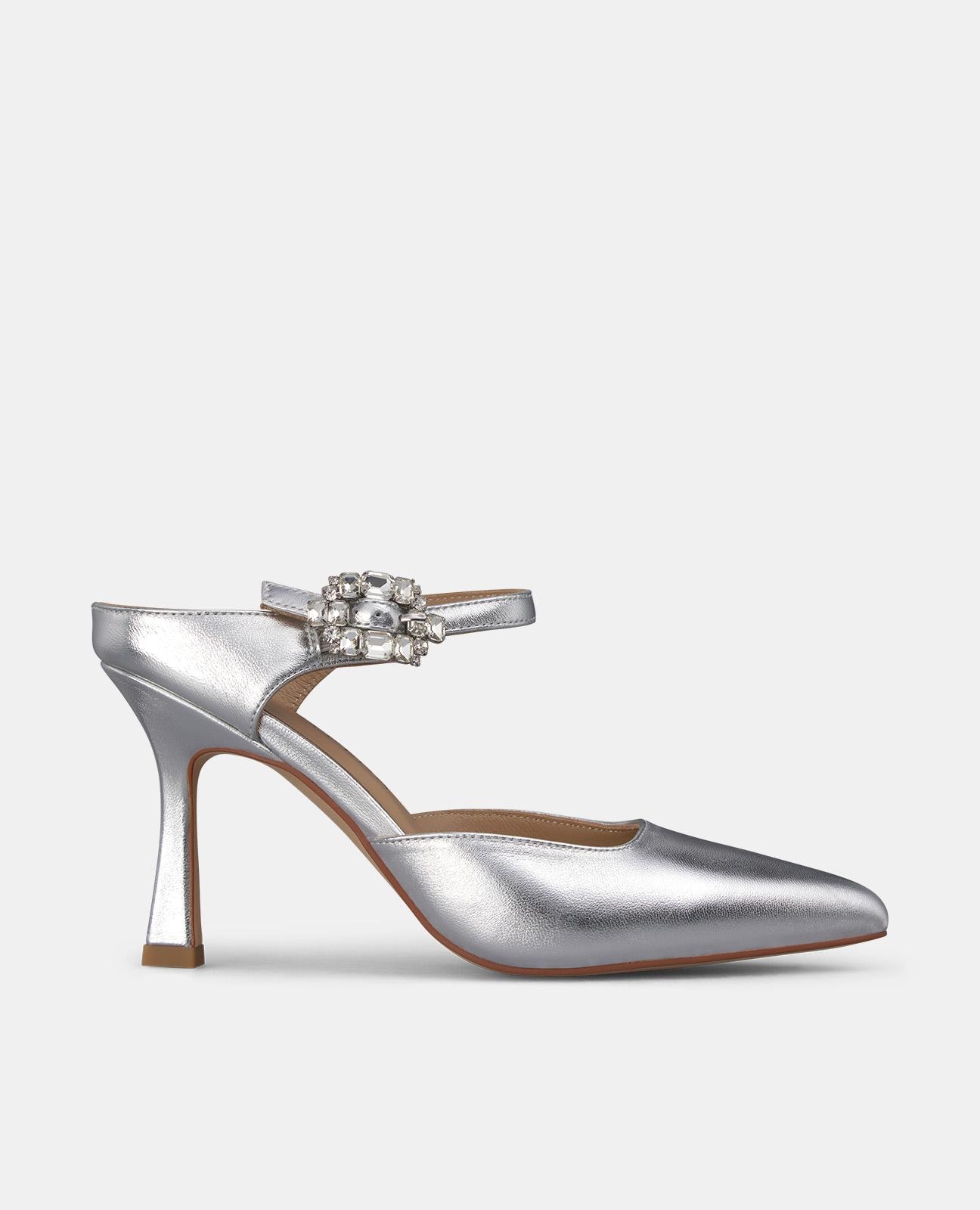 Sapatos de Salto com o Calcanhar Aberto e Fivela de Pedraria Cinzento-claro-1