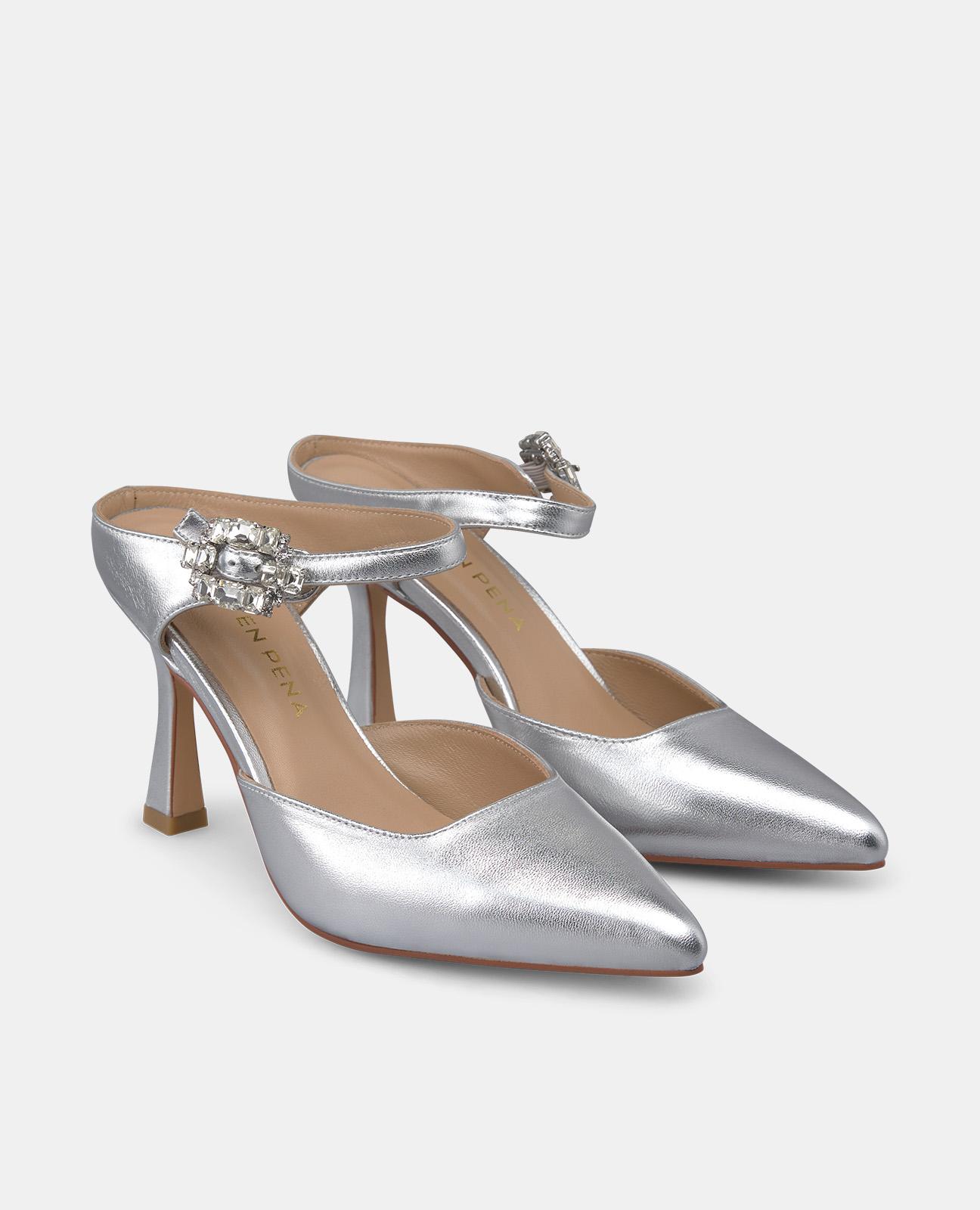 Sapatos de Salto com o Calcanhar Aberto e Fivela de Pedraria Cinzento-claro-2