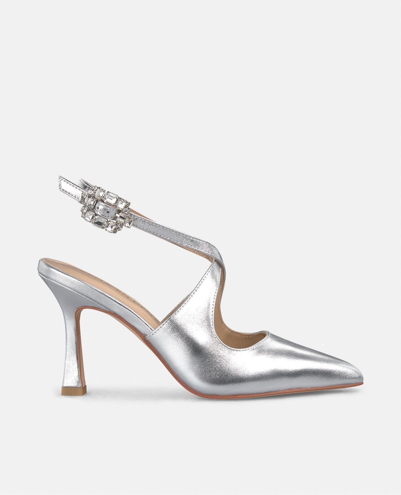 Sapatos de Salto com Tira Entrelaçada e Fivela de Pedraria Prata-1