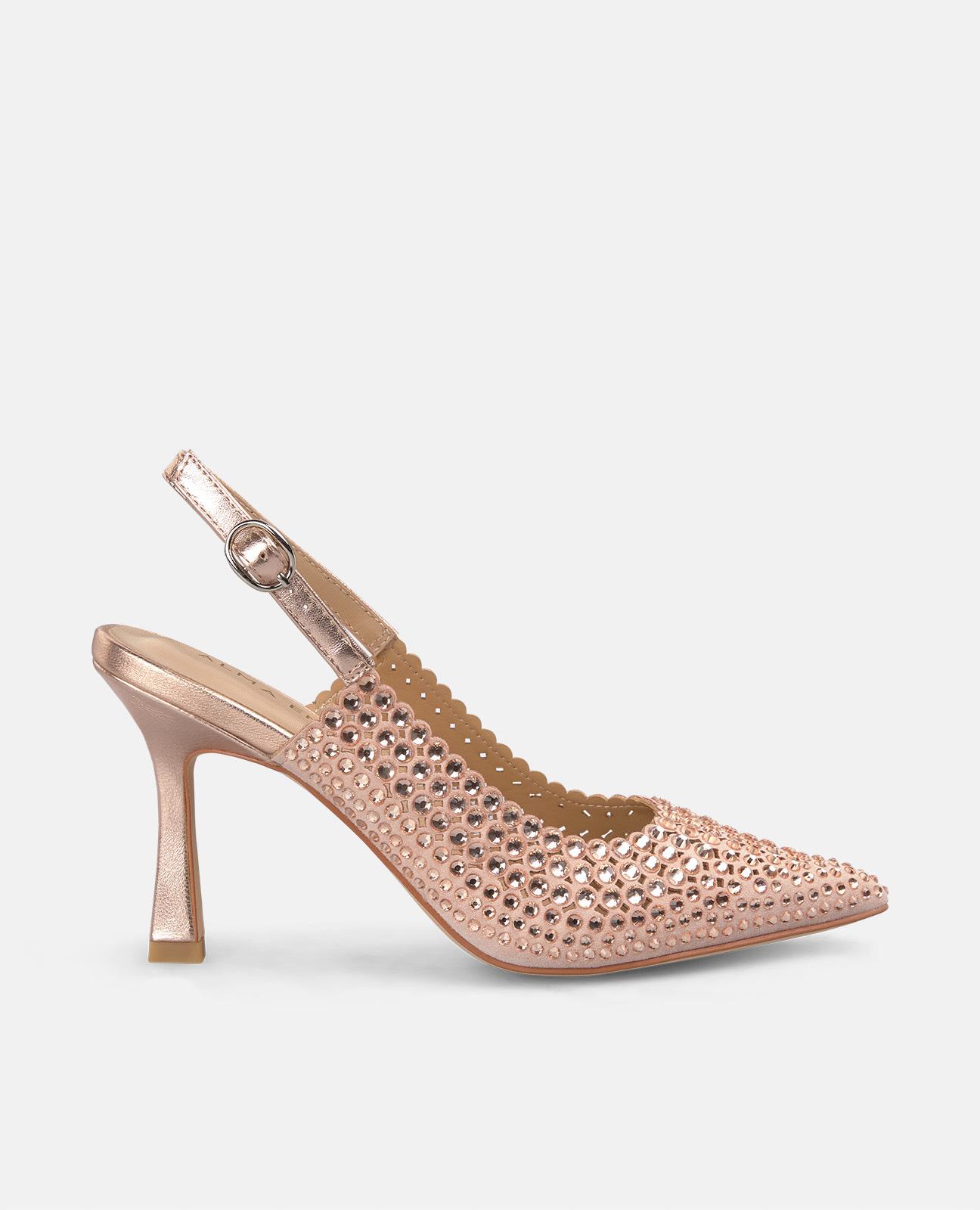 Sapatos de Salto Alto Coberto de Pedraria com Fecho de Fivela Rosa-1