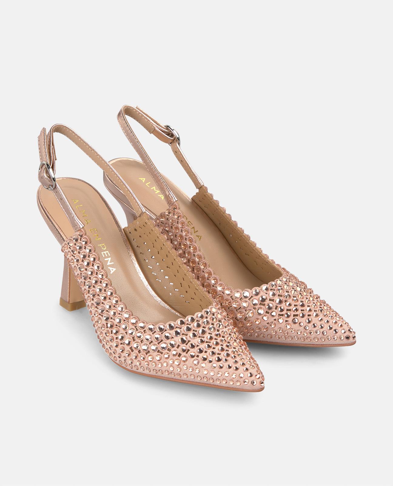 Sapatos de Salto Alto Coberto de Pedraria com Fecho de Fivela Rosa-2