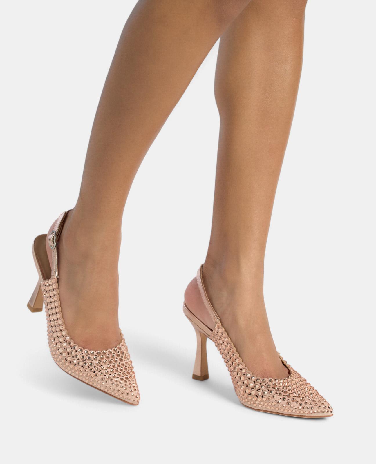 Sapatos de Salto Alto Coberto de Pedraria com Fecho de Fivela Rosa-3