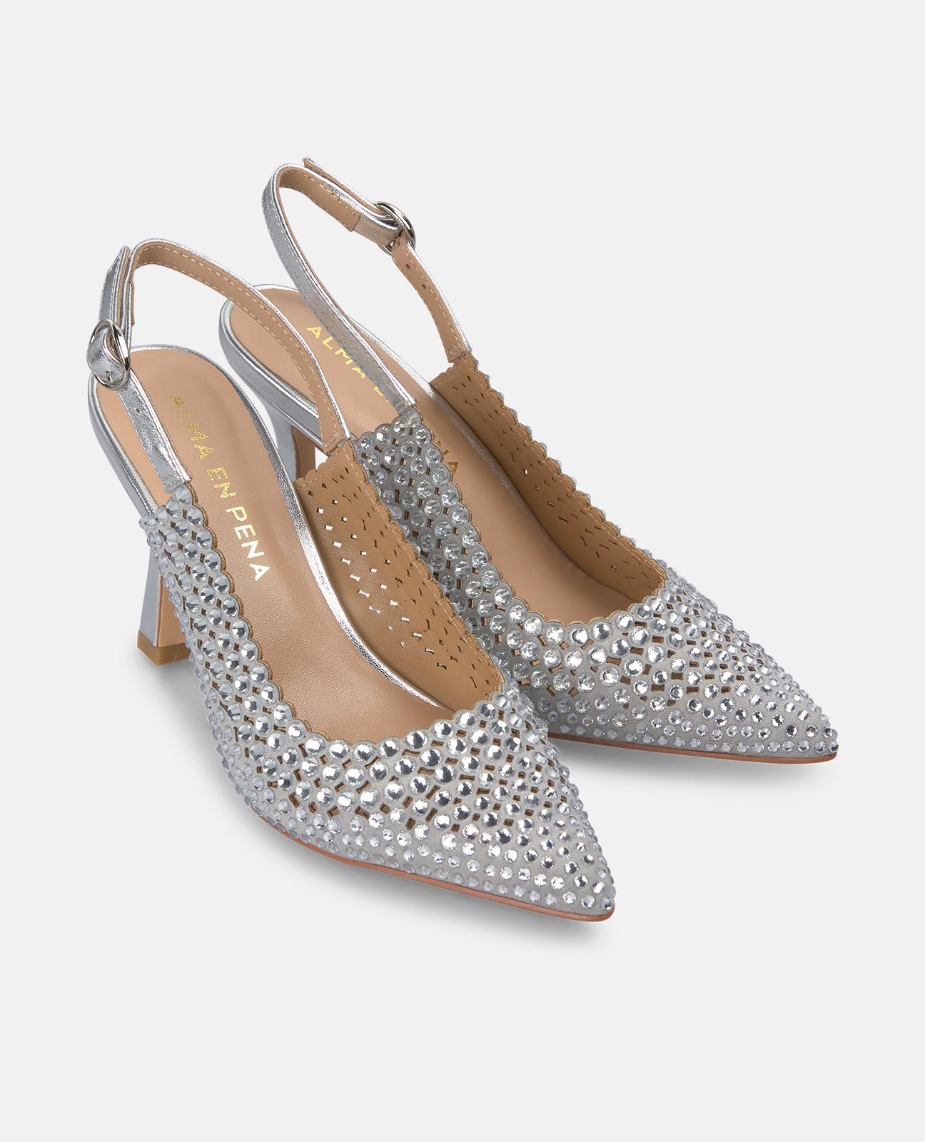 Sapatos de Salto com Tira Coberta de Pedraria Prata-2