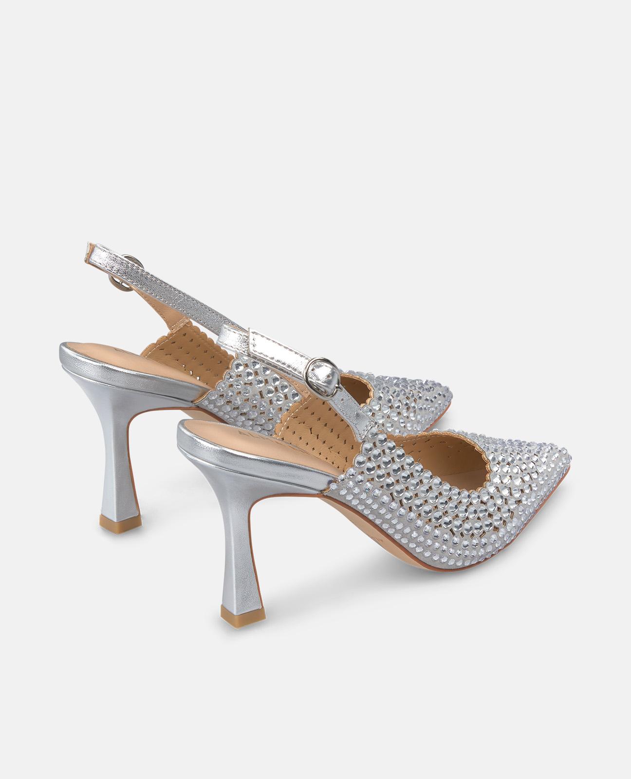Sapatos de Salto com Tira Coberta de Pedraria Prata-3