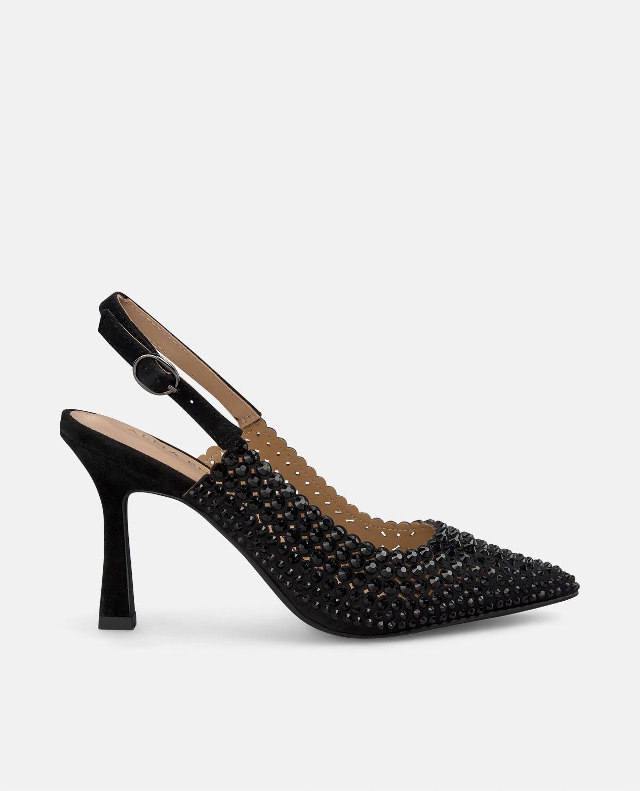 Sapatos de Salto Cobertos de Pedraria e Fecho de Fivela Preto-1