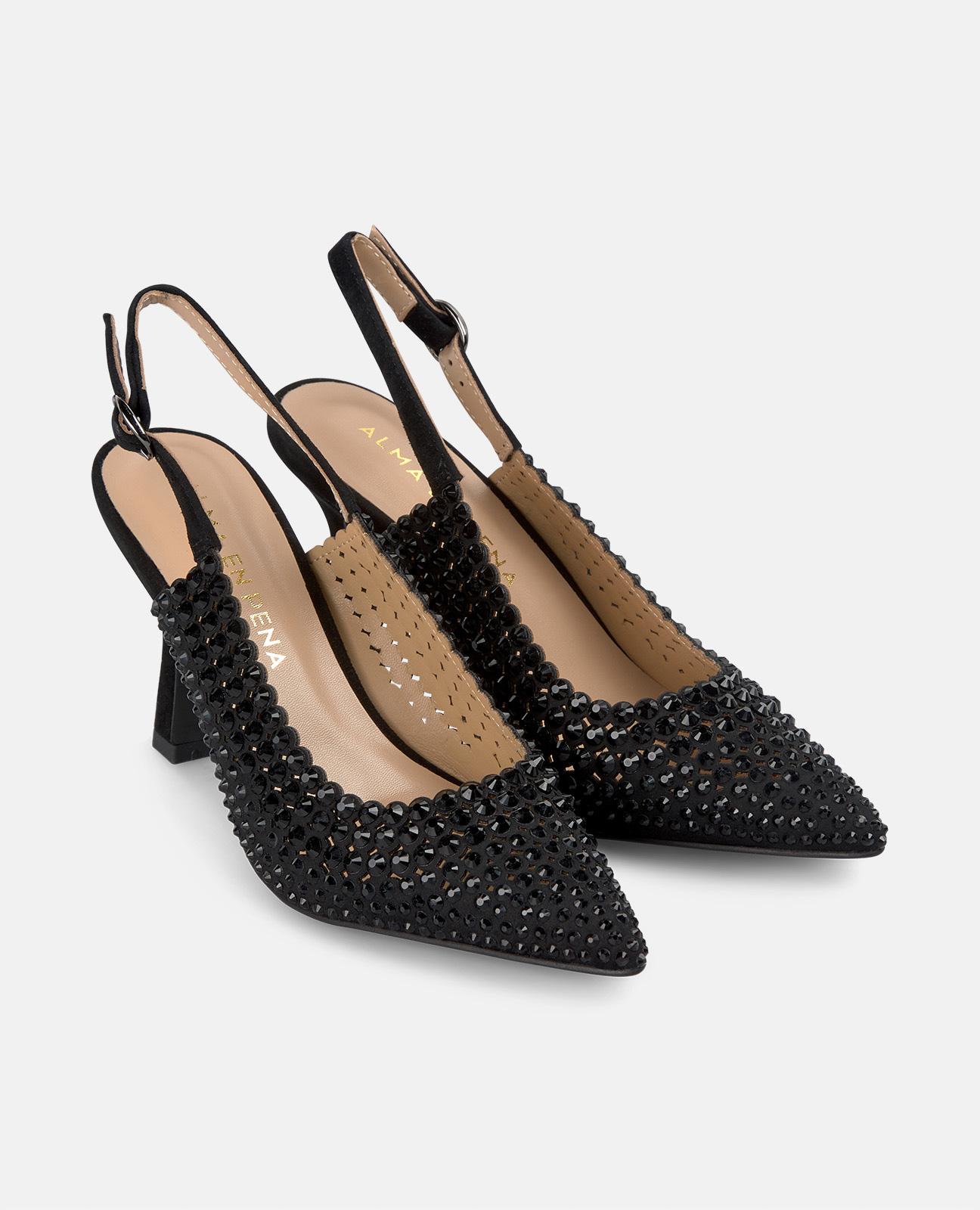 Sapatos de Salto Cobertos de Pedraria e Fecho de Fivela Preto-2