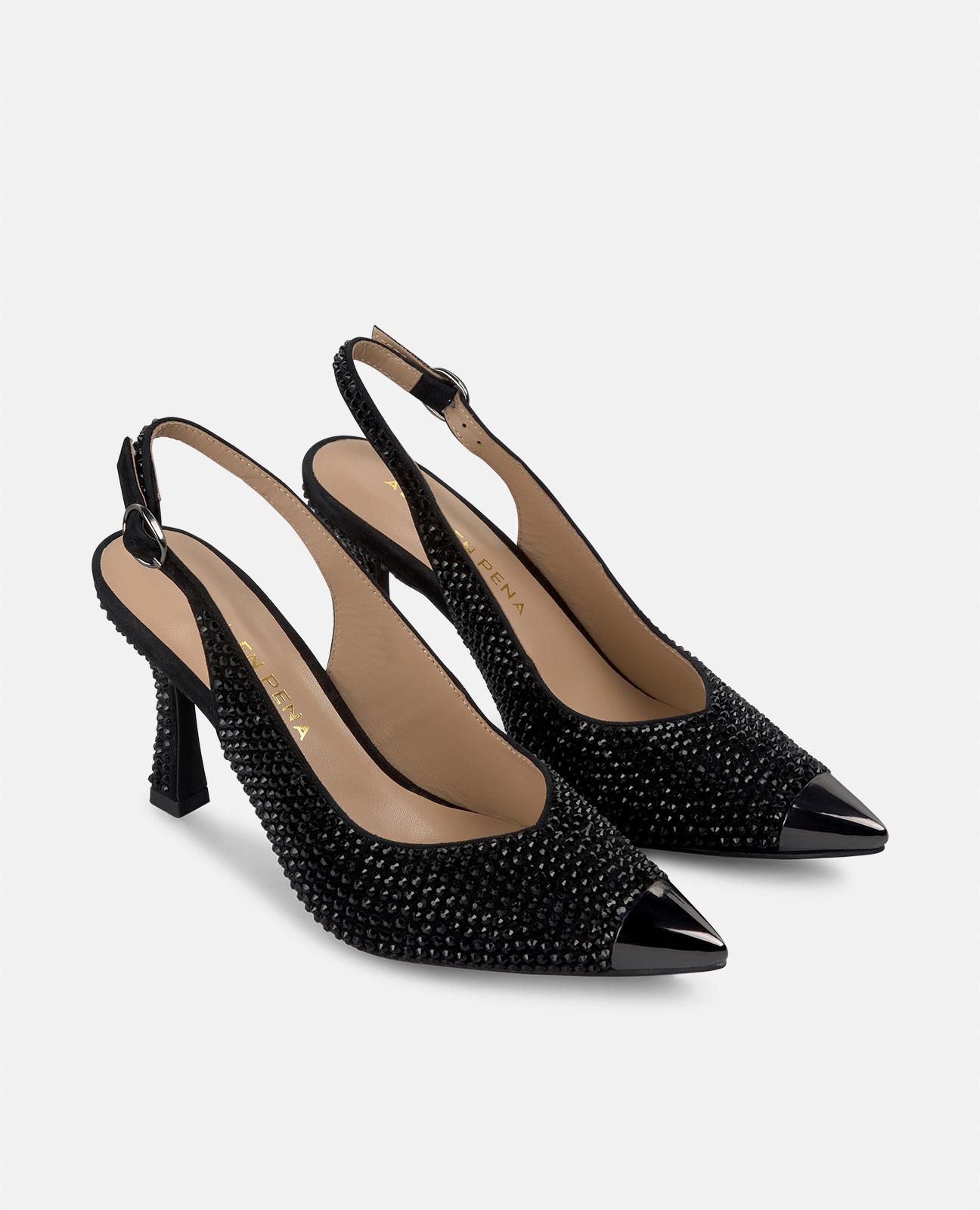 Sapatos de Salto Cobertos de Pedraria com Detalhe Metalizado Preto-2