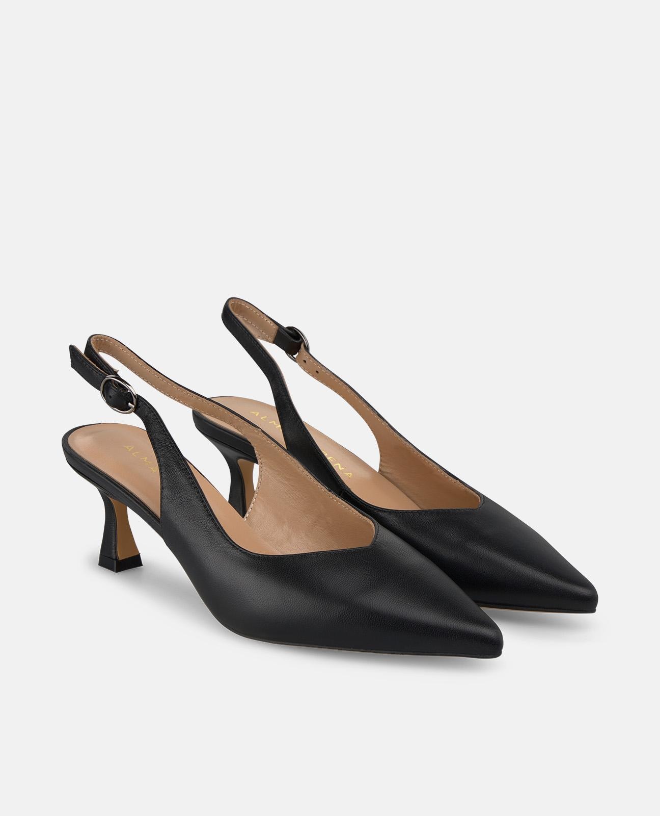 Sapatos de Salto em Pele com o Calcanhar Aberto e Fecho de Fivela Preto-2