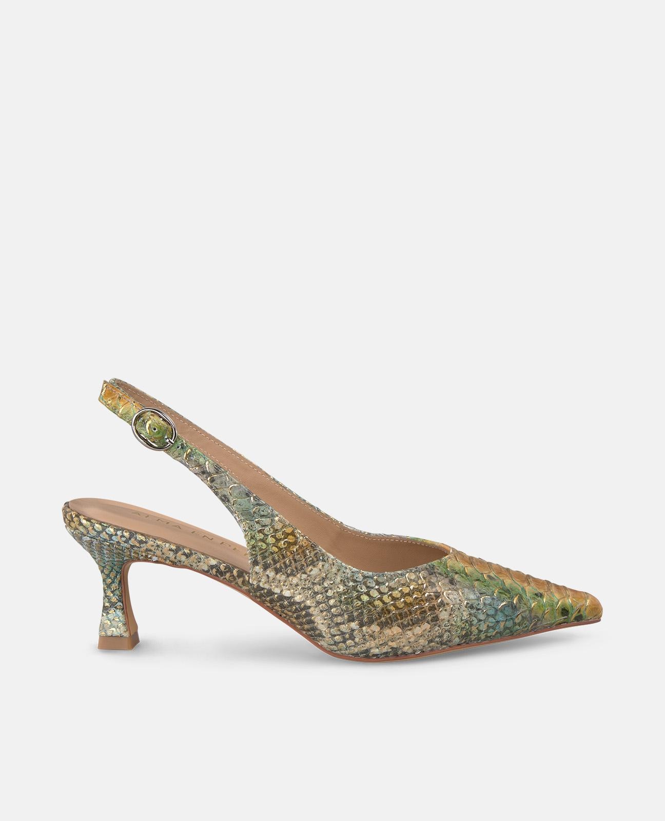 Sapatos de Salto com o Calcanhar Aberto Confecionados em Pele com a Biqueira Afiada Ouro-1