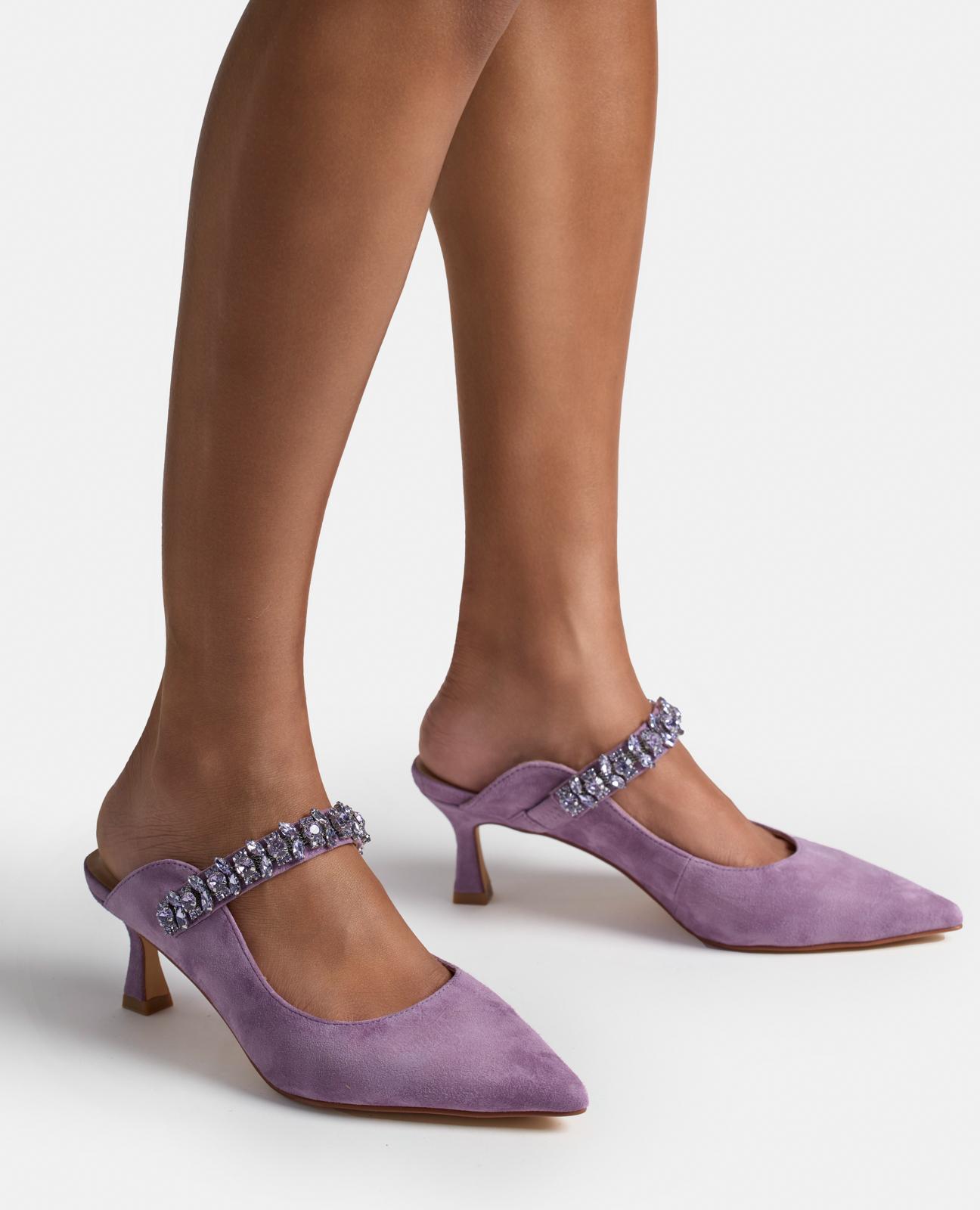 Sapatos de Salto em Pele com o Calcanhar Aberto Roxo-4