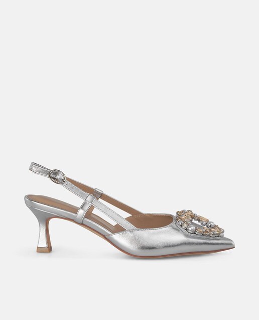 Imagem 0 de Sapatos de Salto com o Calcanhar Aberto com Adorno Perlado e Fecho de Fivela