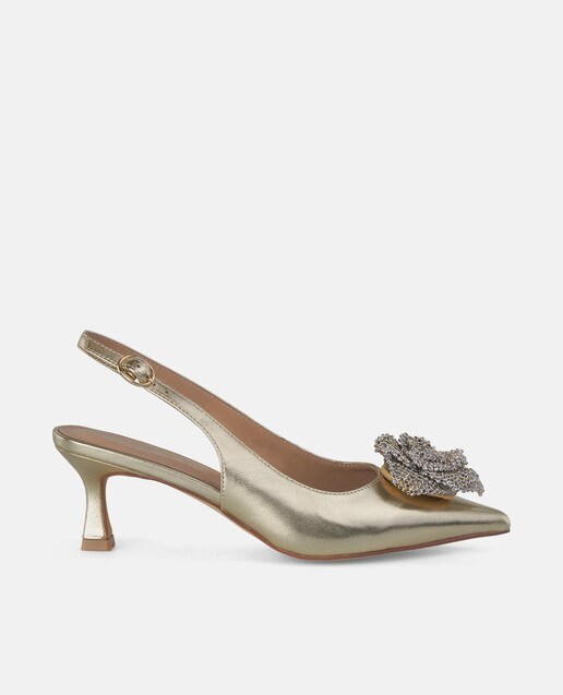 Imagem 0 de Sapatos de Salto com o Calcanhar Aberto e Adorno em Flor Brilhante e Fecho de Fivela
