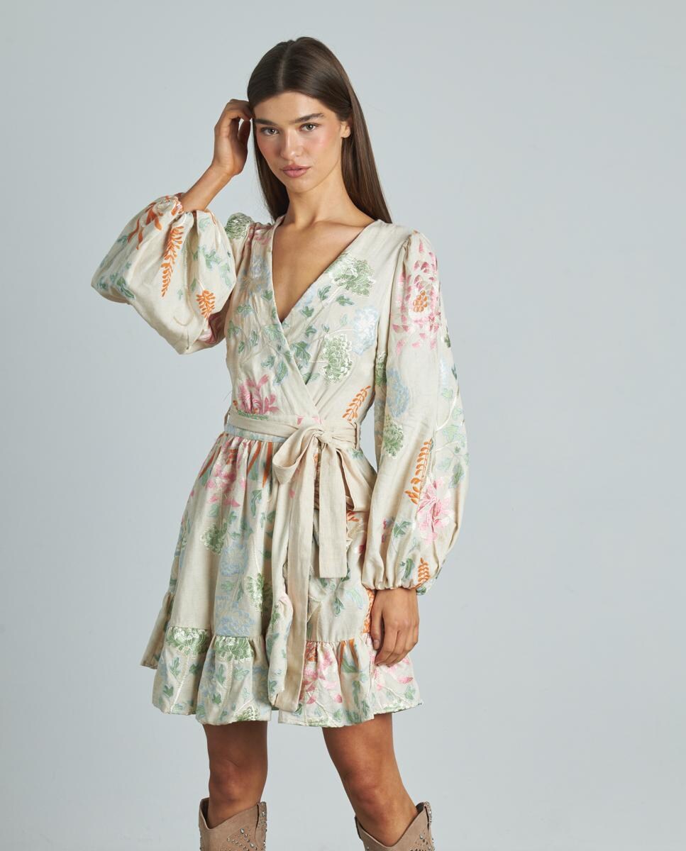 Vestido Curto com Bordados de Flores Bege-1