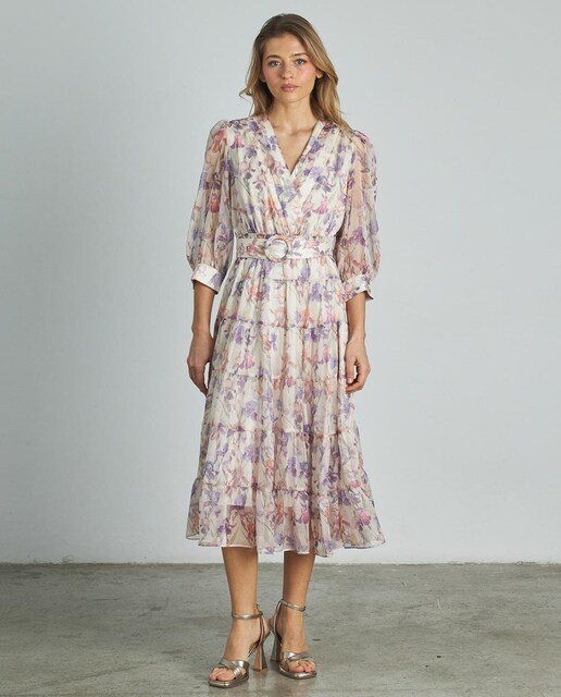 Imagem 0 de Vestido Midi Estampado com Cinto e Folhos