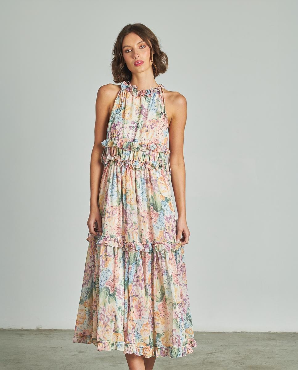 Vestido Midi Estampado com Gola Halter Multicolor-1