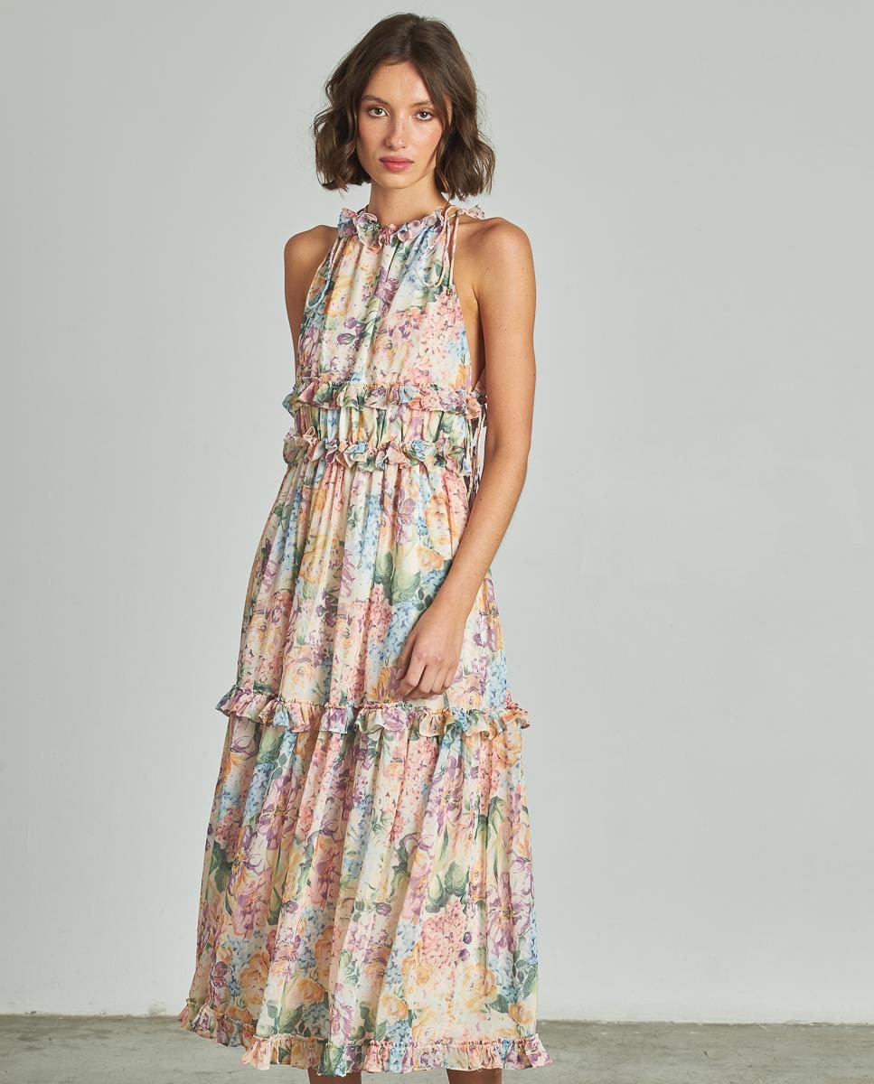 Vestido Midi Estampado com Gola Halter Multicolor-3