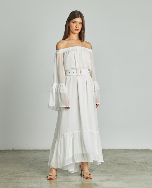 Imagem 0 de Vestido Midi Estampado com Manga Comprida Acabada em Folhos