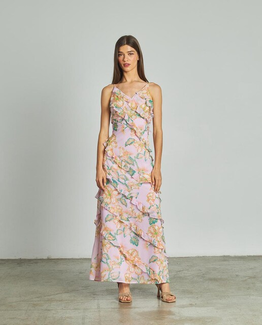 Imagem 0 de Vestido Midi de Alças com Folhos e Decote em V