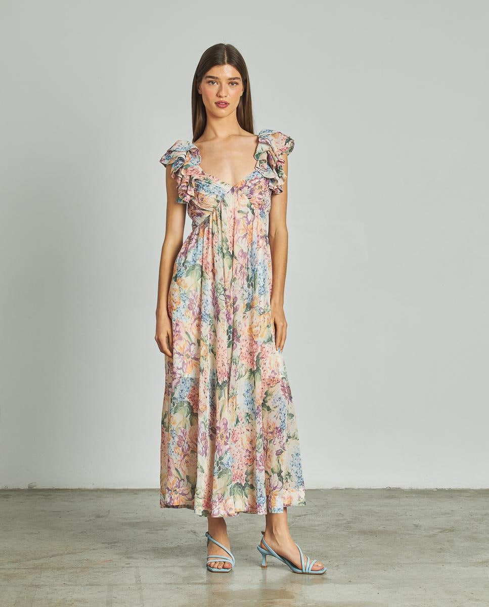 Vestido Comprido com Decote Franzido em V e Fecho Zip Multicolor-1