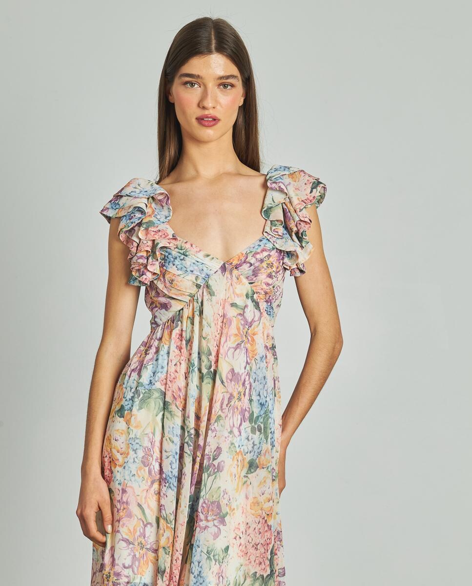 Vestido Comprido com Decote Franzido em V e Fecho Zip Multicolor-2