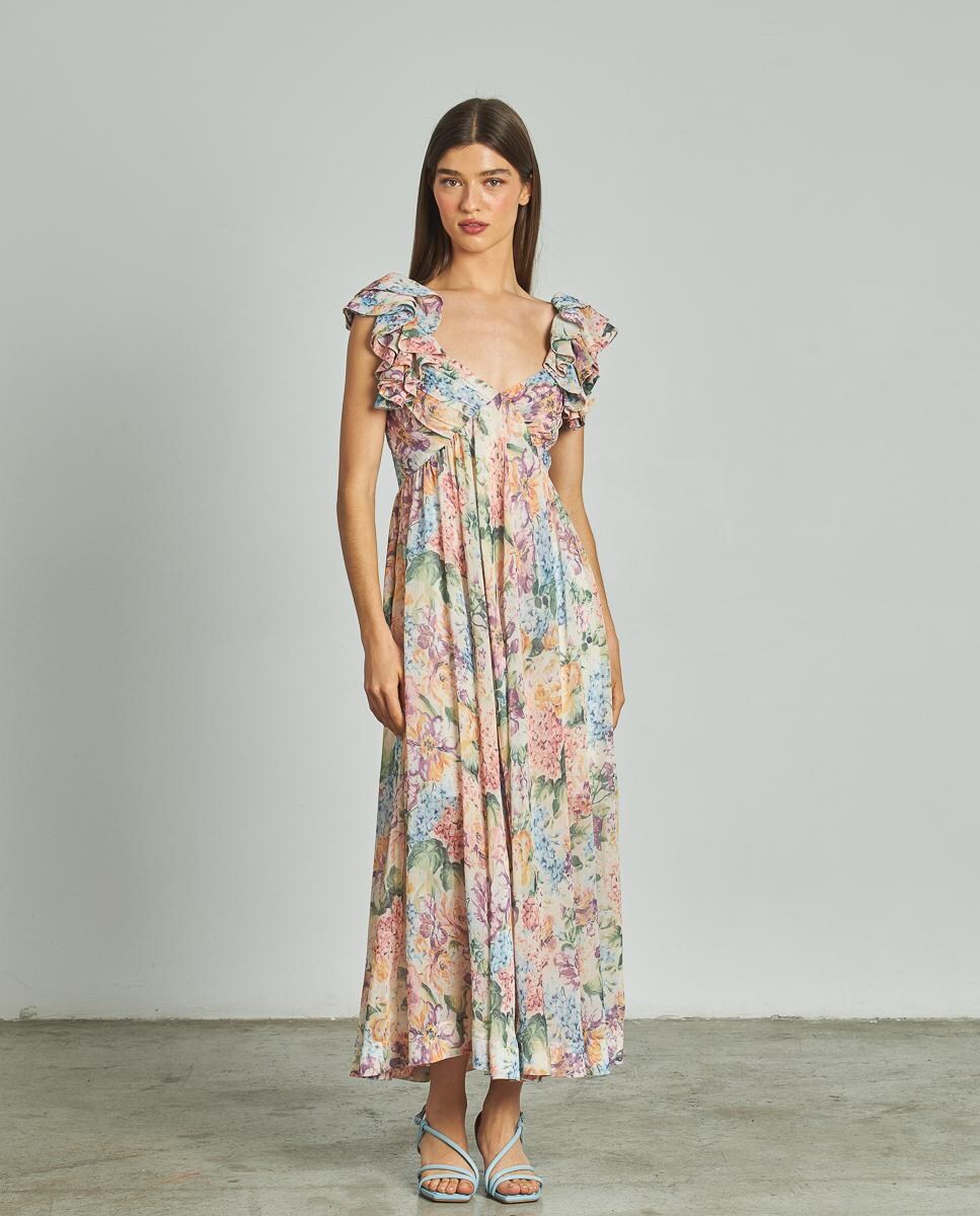 Vestido Comprido com Decote Franzido em V e Fecho Zip Multicolor-3