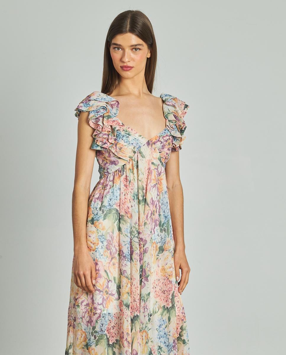 Vestido Comprido com Decote Franzido em V e Fecho Zip Multicolor-4