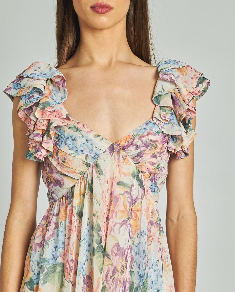 Vestido Comprido com Decote Franzido em V e Fecho Zip Multicolor-5