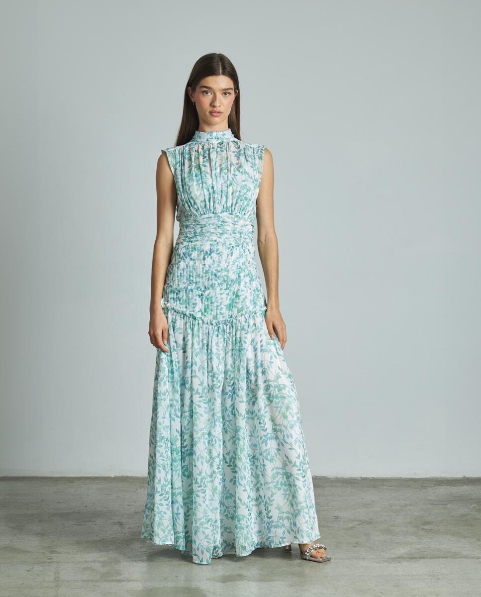 Vestido Comprido com Gola Halter e sem Mangas com Estampado de Flores Verde-1