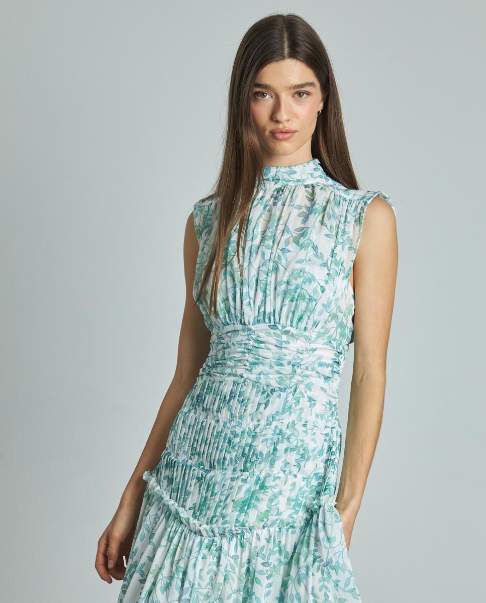 Vestido Comprido com Gola Halter e sem Mangas com Estampado de Flores Verde-2