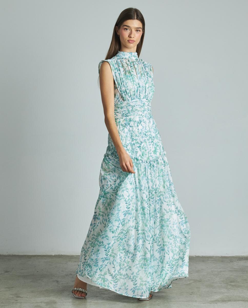 Vestido Comprido com Gola Halter e sem Mangas com Estampado de Flores Verde-3