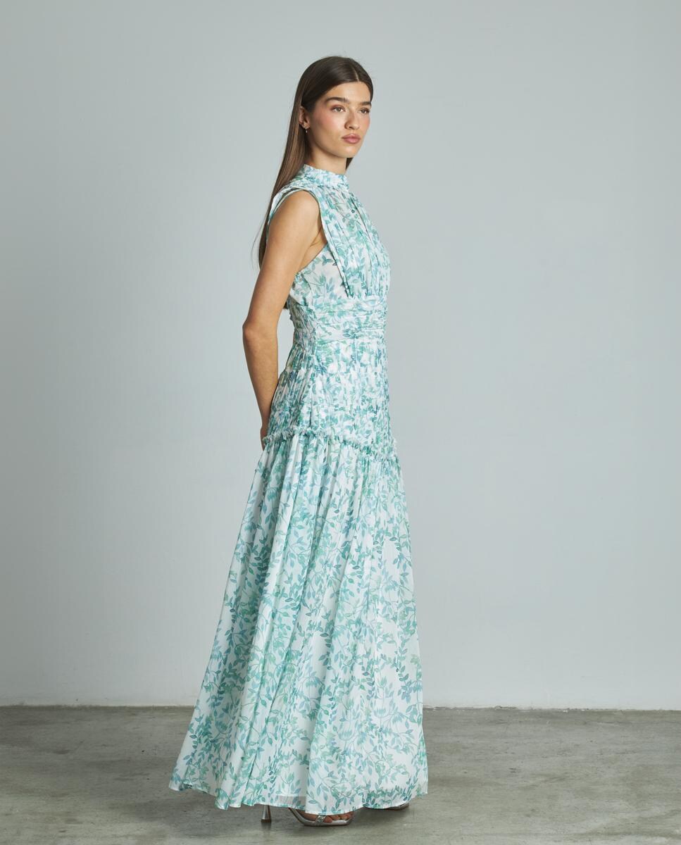 Vestido Comprido com Gola Halter e sem Mangas com Estampado de Flores Verde-4