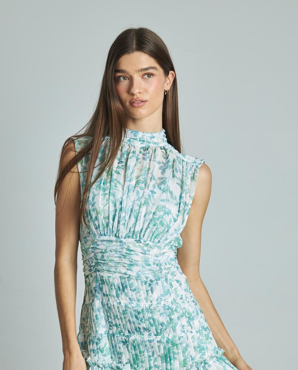 Vestido Comprido com Gola Halter e sem Mangas com Estampado de Flores Verde-5