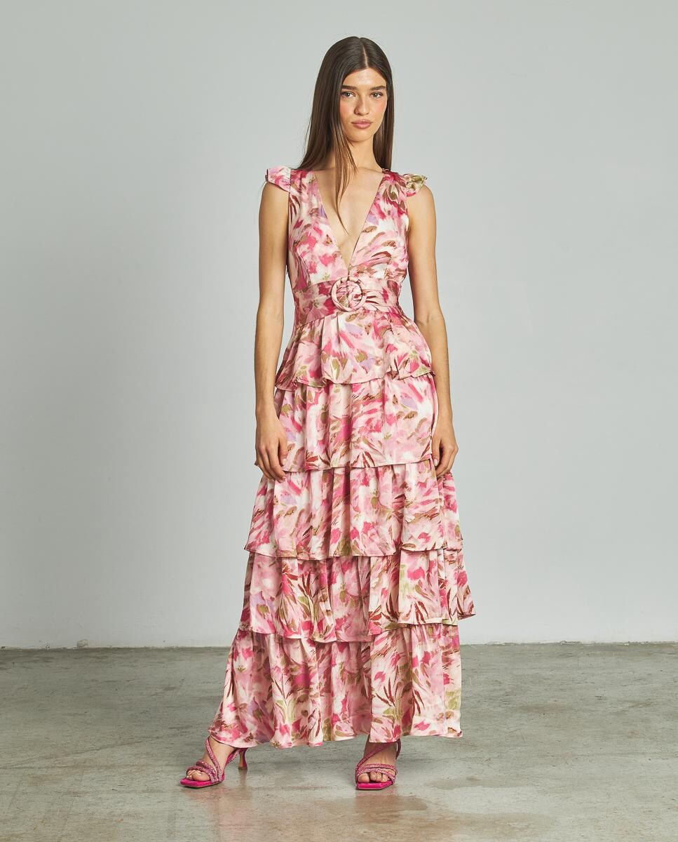 Vestido Comprido com Gola em V e Estampado de Flores com Saia de Folhos Rosa-1