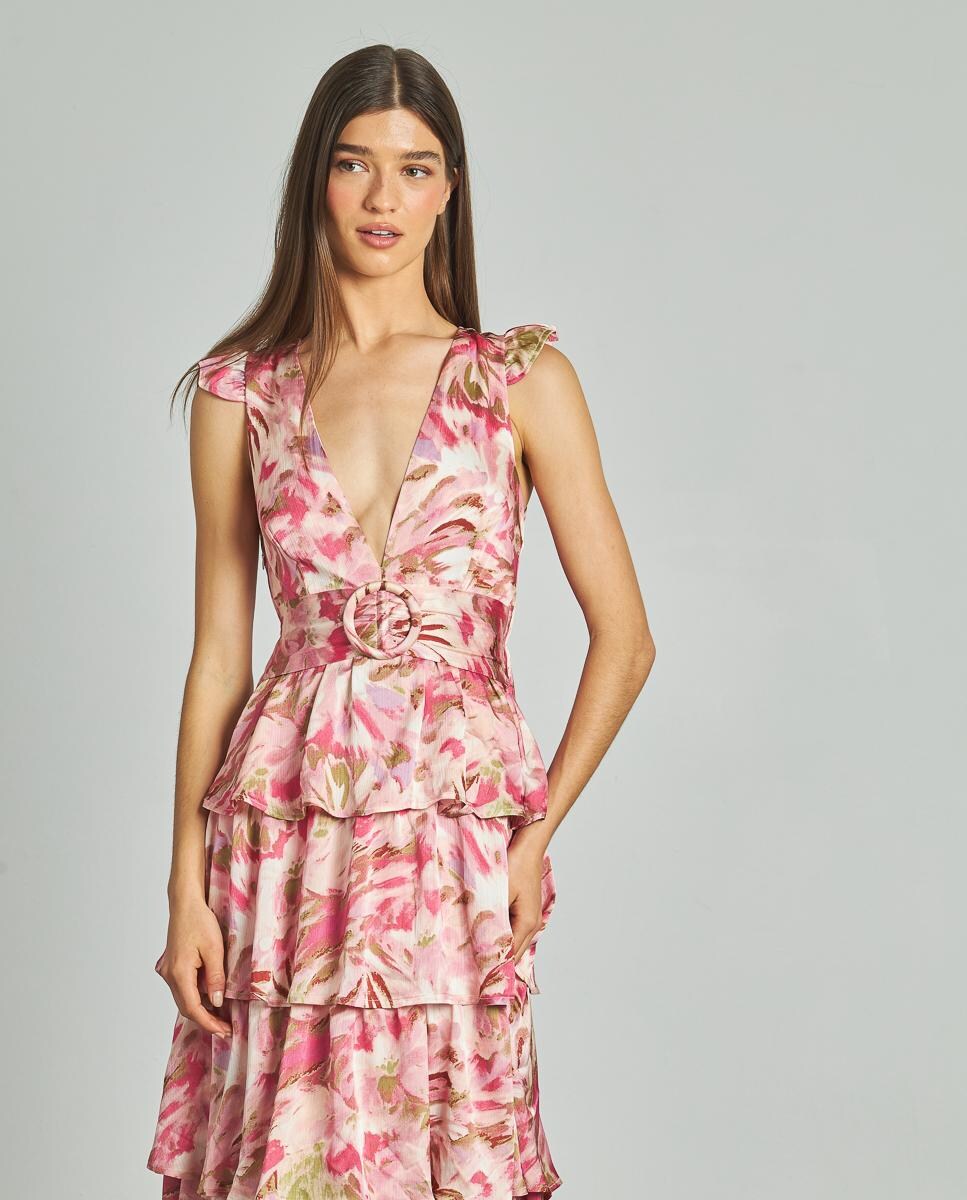 Vestido Comprido com Gola em V e Estampado de Flores com Saia de Folhos Rosa-2