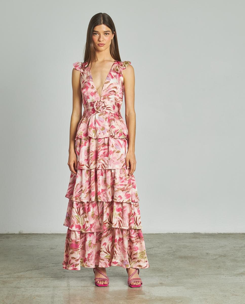 Vestido Comprido com Gola em V e Estampado de Flores com Saia de Folhos Rosa-3