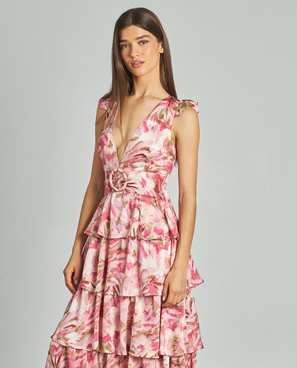 Vestido Comprido com Gola em V e Estampado de Flores com Saia de Folhos Rosa-4