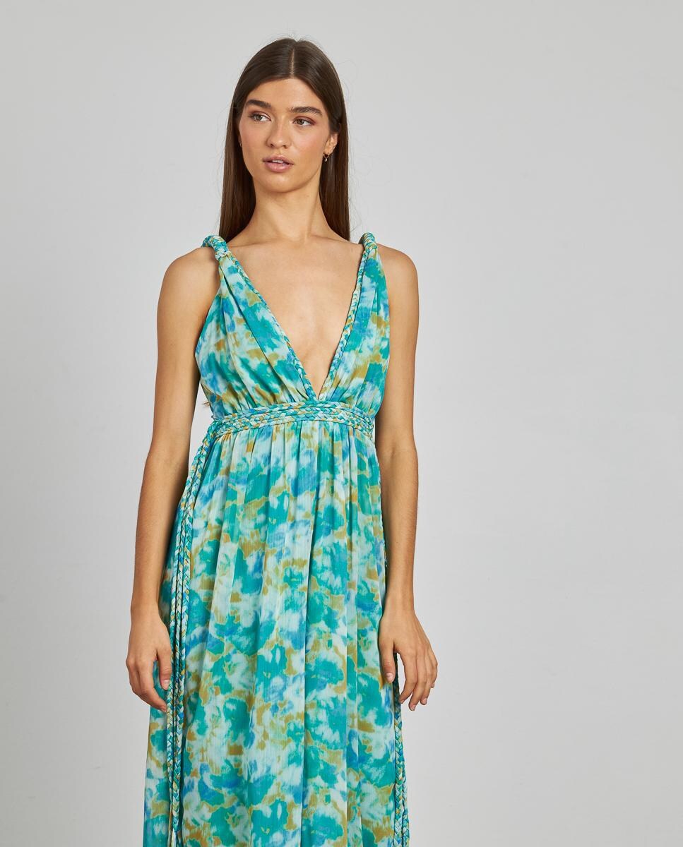 Macacão Comprido Estampado com Alças Grossas e Cintura Ajustável Azul / Verde-2