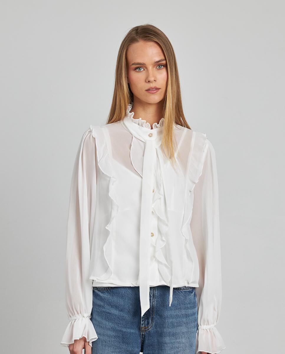 Camisa com Folhos de Gola com Laço e Manga Comprida Franzida Branco-1