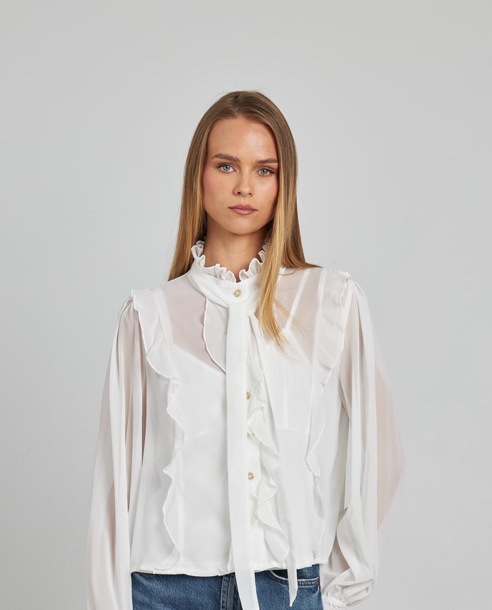 Camisa com Folhos de Gola com Laço e Manga Comprida Franzida Branco-2