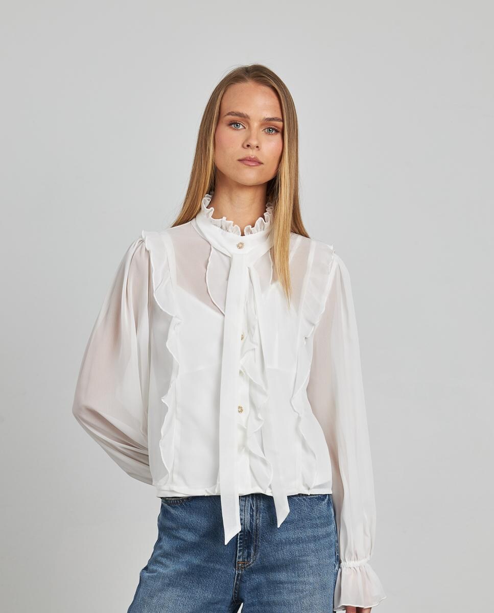 Camisa com Folhos de Gola com Laço e Manga Comprida Franzida Branco-3
