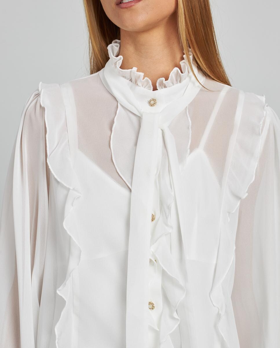 Camisa com Folhos de Gola com Laço e Manga Comprida Franzida Branco-4
