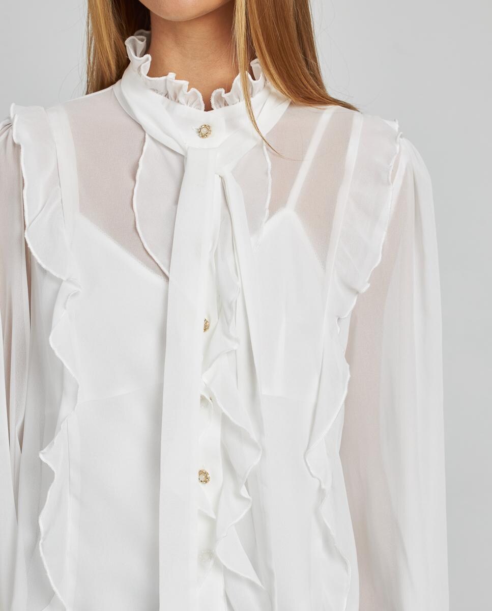 Camisa com Folhos de Gola com Laço e Manga Comprida Franzida Branco-5