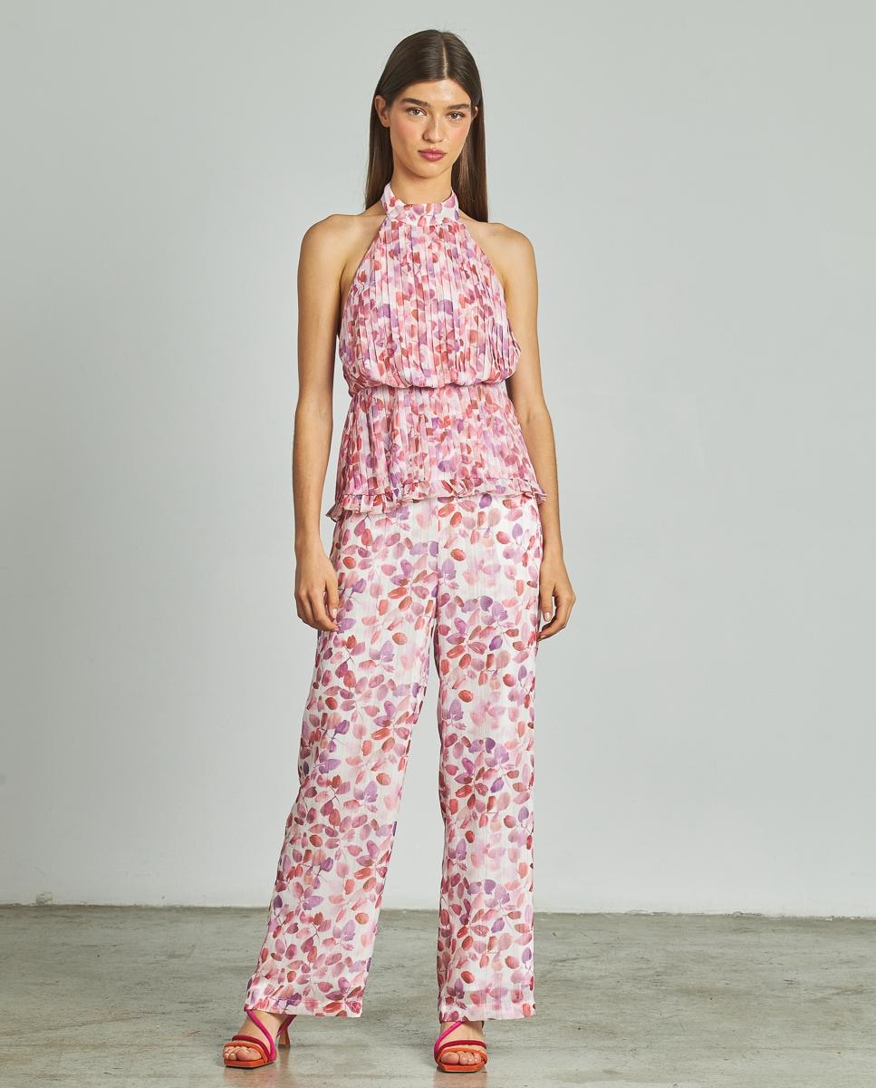 Blusa com Gola Halter Estampada Plissada Rosa-2