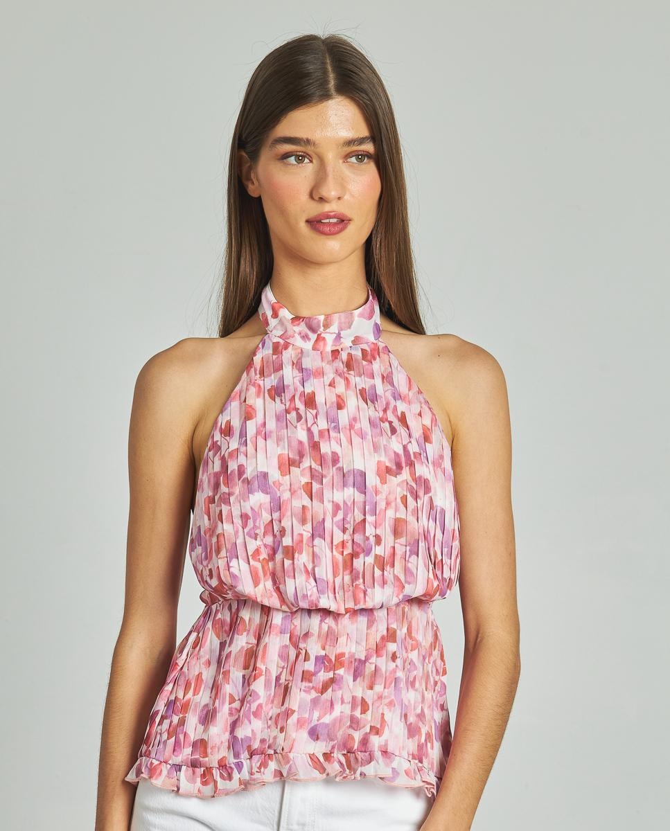 Blusa com Gola Halter Estampada Plissada Rosa-3