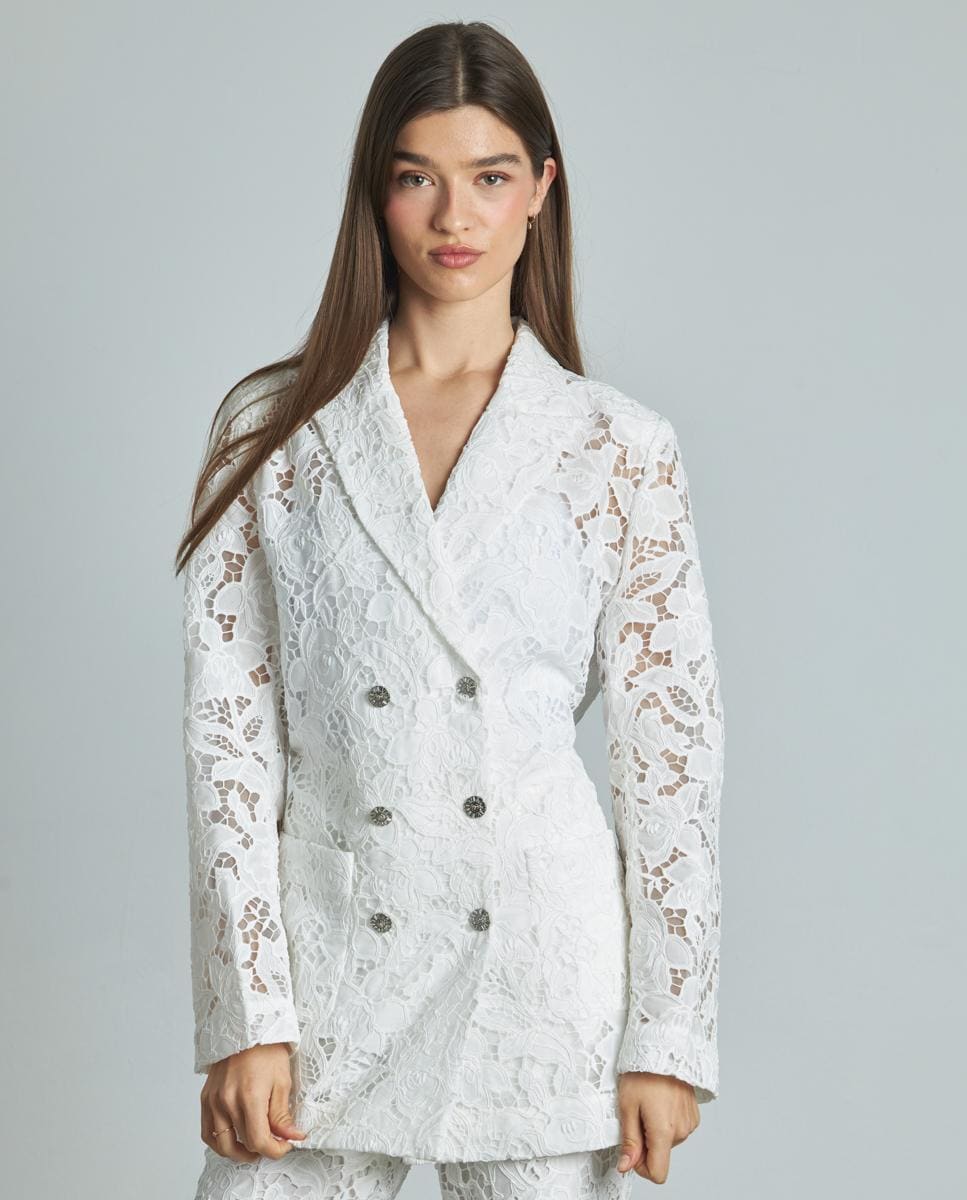 Blazer de Renda com Gola de Lapela Branco-1