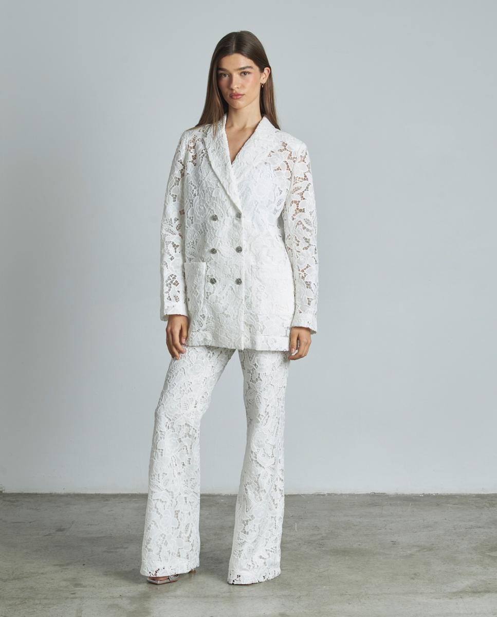 Blazer de Renda com Gola de Lapela Branco-2